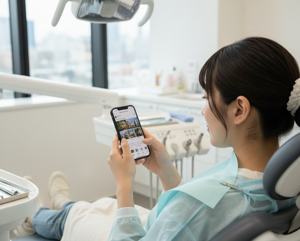 スマートフォンでInstagramを見る若い女性患者のイメージ