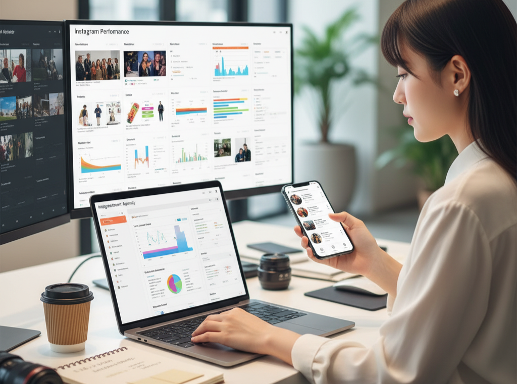 Instagram運用代行サービスのイメージ - パソコンとスマートフォンで作業するマーケター