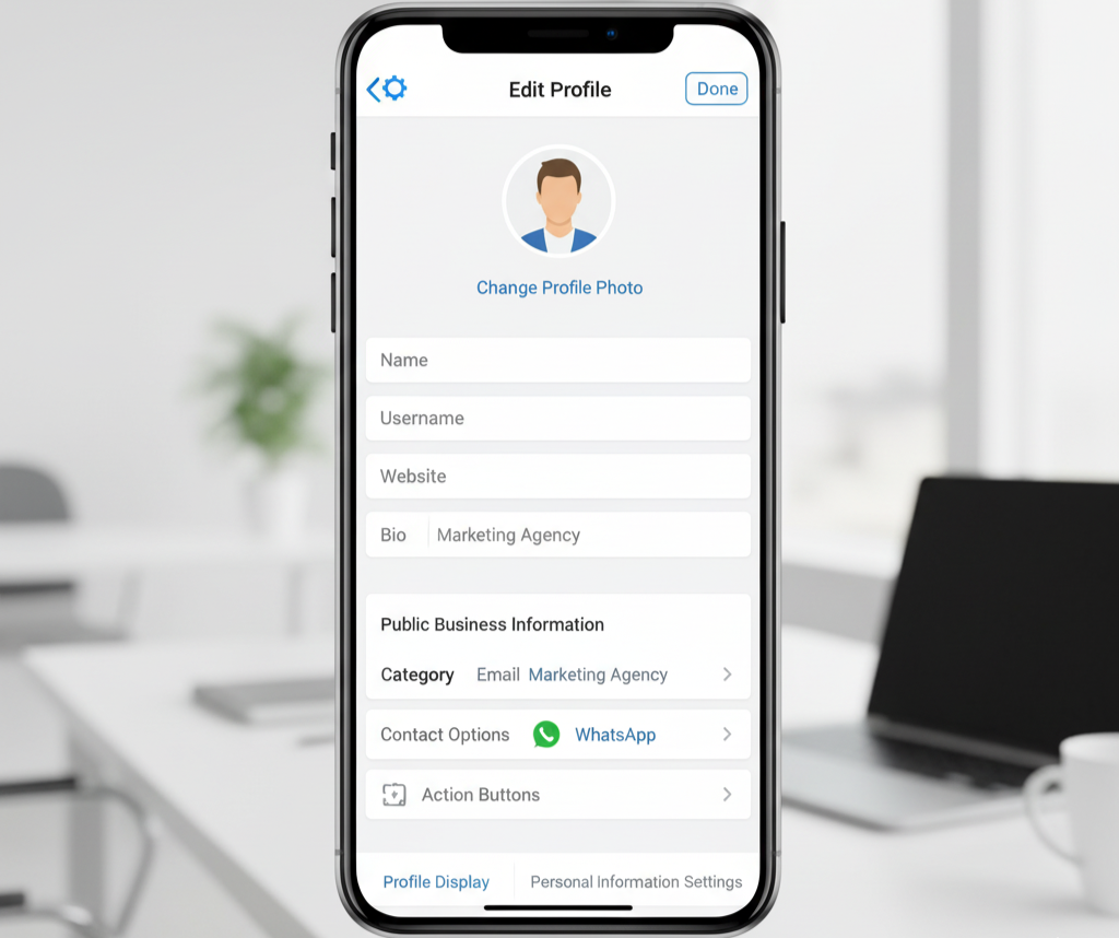 Instagramビジネスアカウントのプロフィール設定画面のイメージ