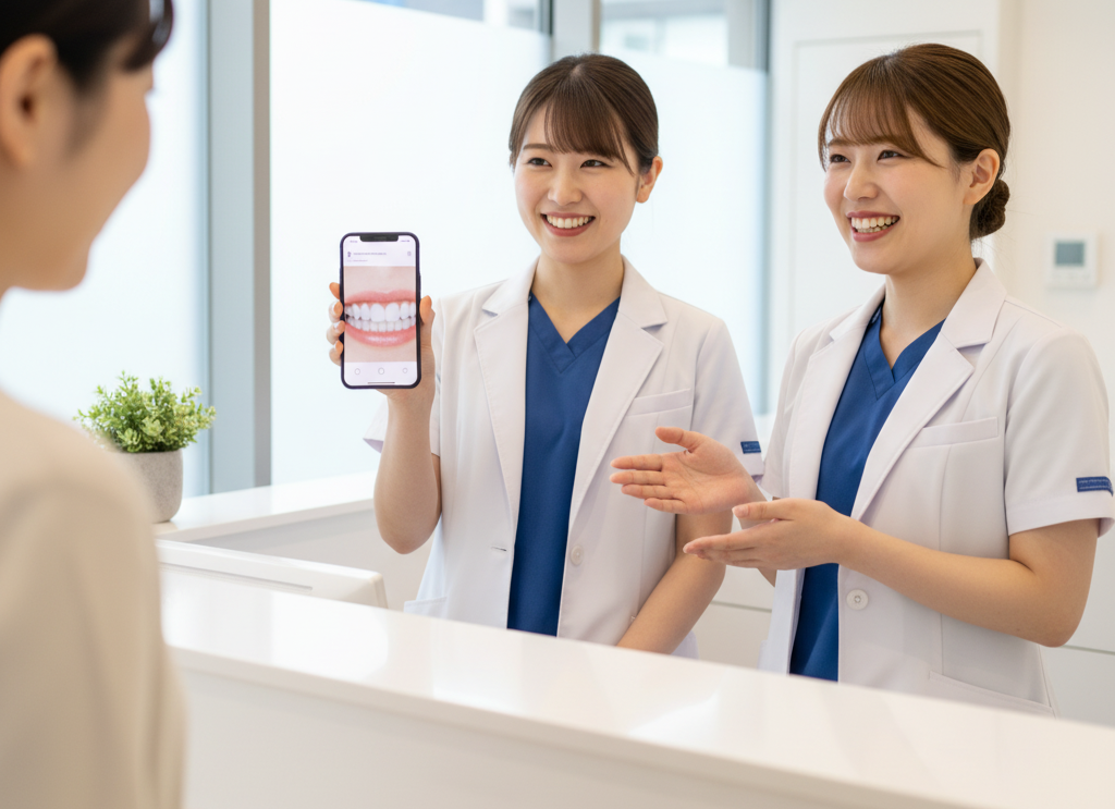 笑顔で患者を迎える歯科医院スタッフとスマートフォンのイメージ