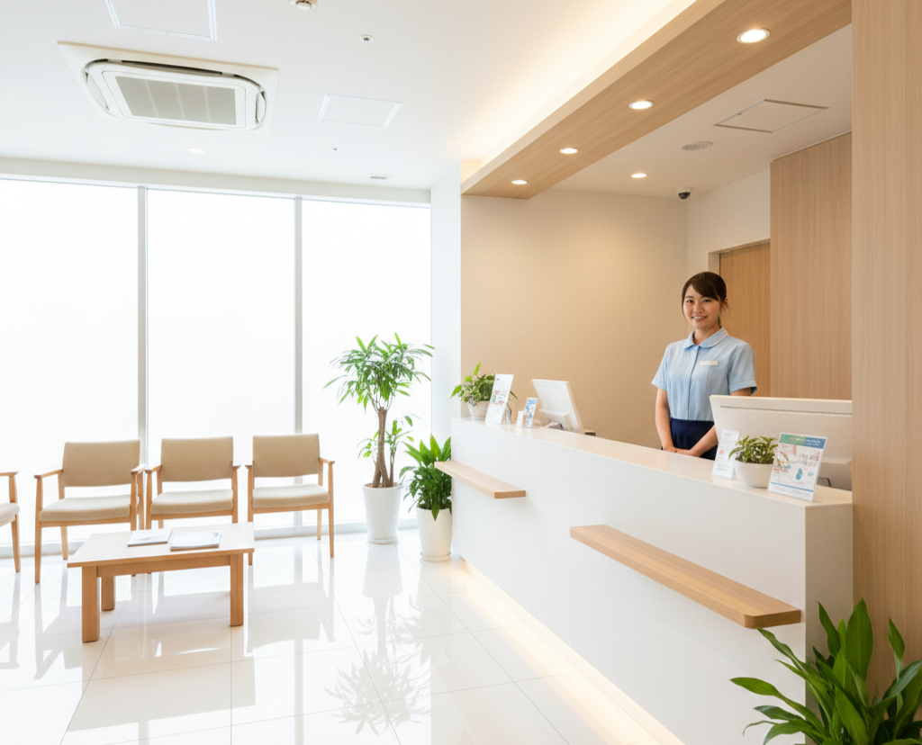明るく清潔感のある歯科医院の受付や待合室の写真