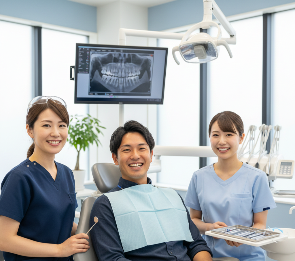  笑顔の患者さんと歯科医師・スタッフのイメージ写真