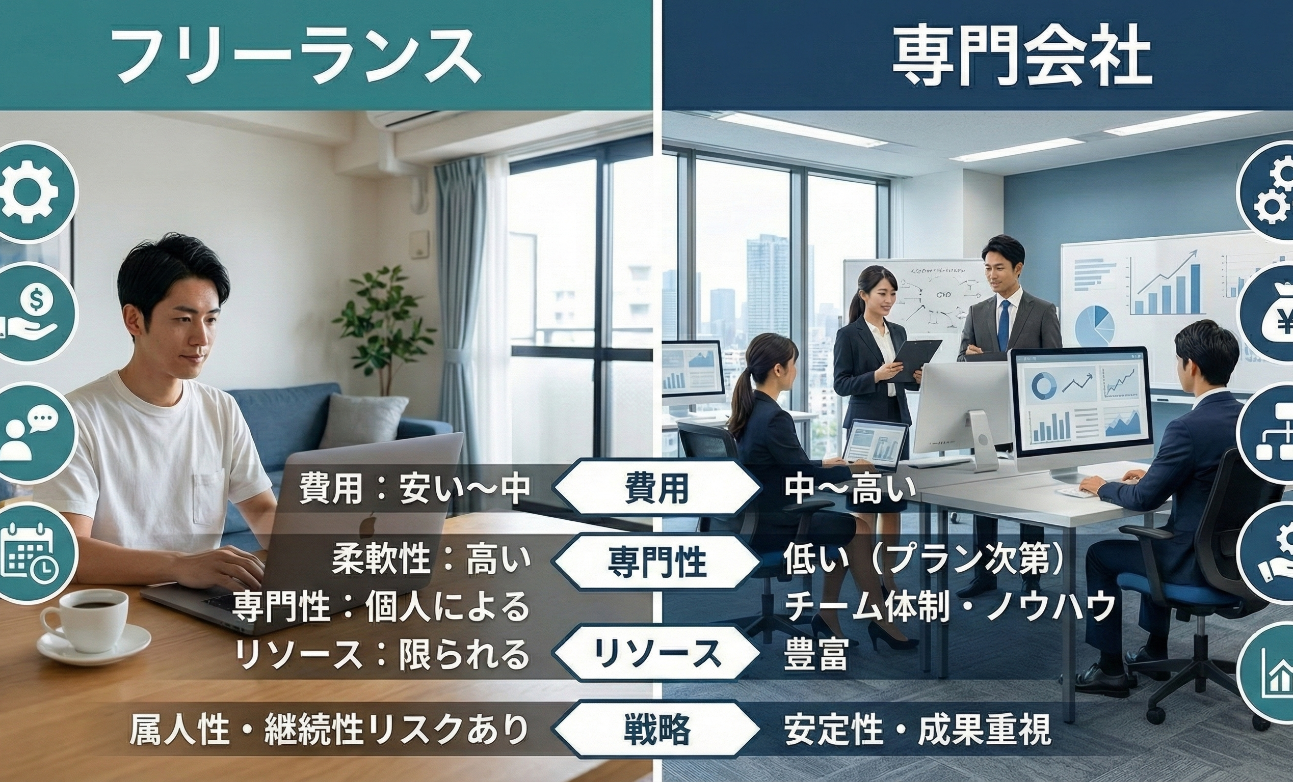 フリーランスと専門会社の比較イメージ画像
