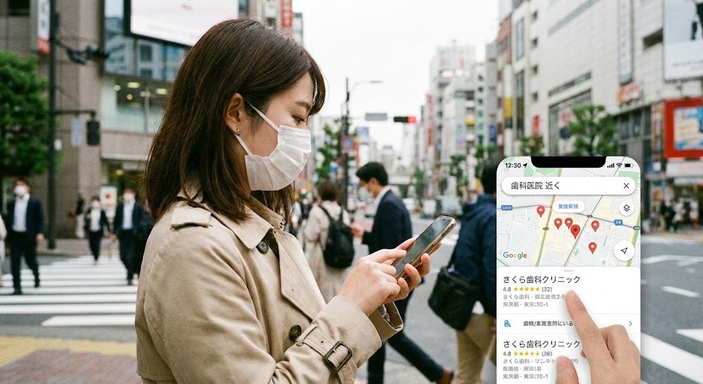 スマートフォンで歯科医院を検索する患者のイメージ