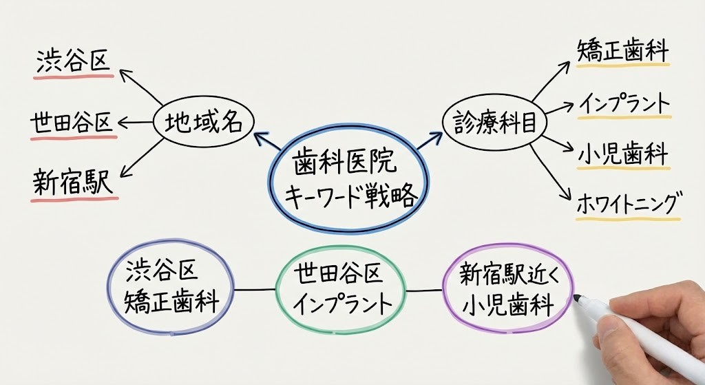 地域名と診療科目を組み合わせたキーワード例のイメージ図