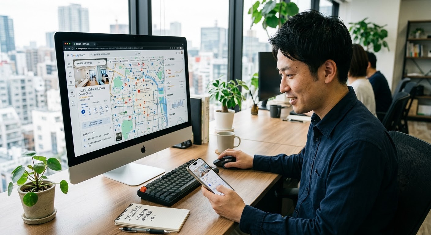 MEO運用代行サービスのイメージ - パソコンとスマートフォンでGoogleマップの順位を確認するマーケター