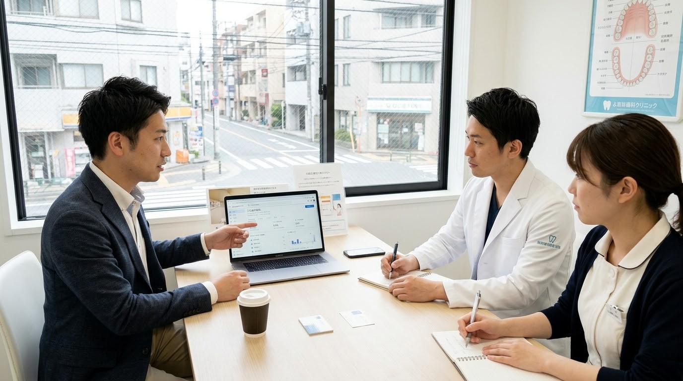 歯科医院とMEO代行会社の打ち合わせ風景のイメージ - パソコン画面でGoogleビジネスプロフィールを確認しながら説明するコンサルタント