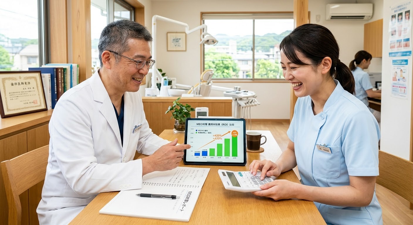 MEO対策の費用対効果を示すグラフと電卓のイメージ - 新患獲得コストとMEO代行費用を比較する院長先生