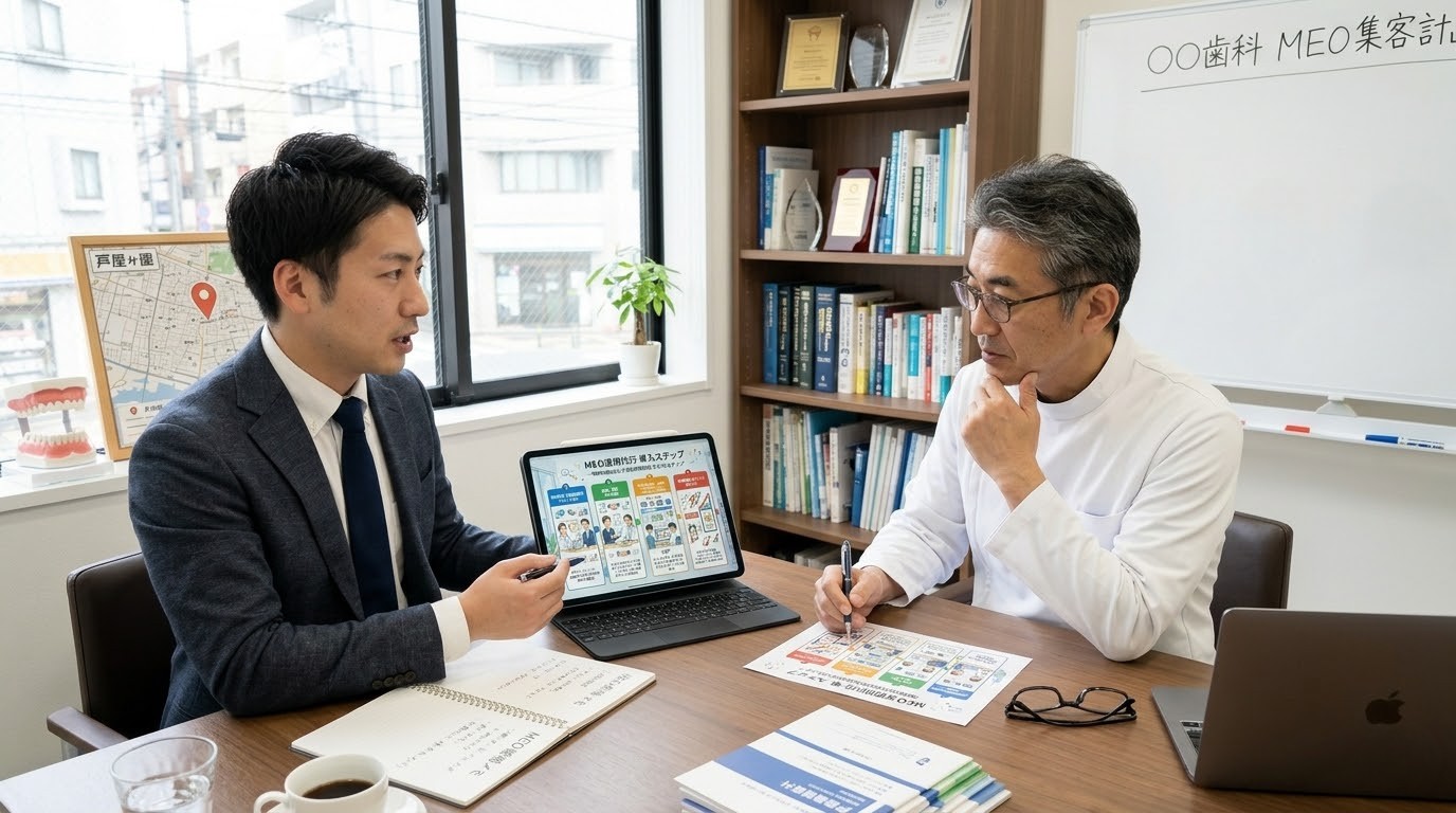 MEO運用代行の導入ステップを示すフローチャートのイメージ