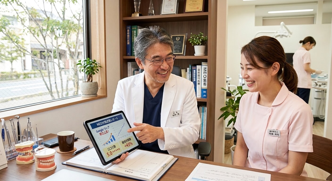笑顔でスタッフと話す歯科医院の院長先生のイメージ - MEO対策の成果を確認しながら安心して診療に集中できる環境