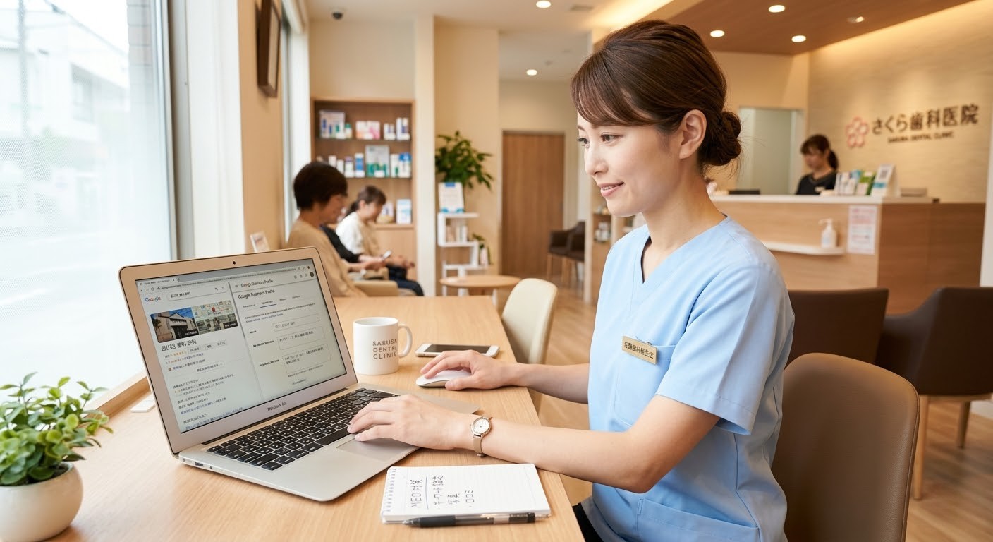 Googleマップでキーワード検索しながらMEO対策の初期設定を行う歯科医院スタッフのイメージ
