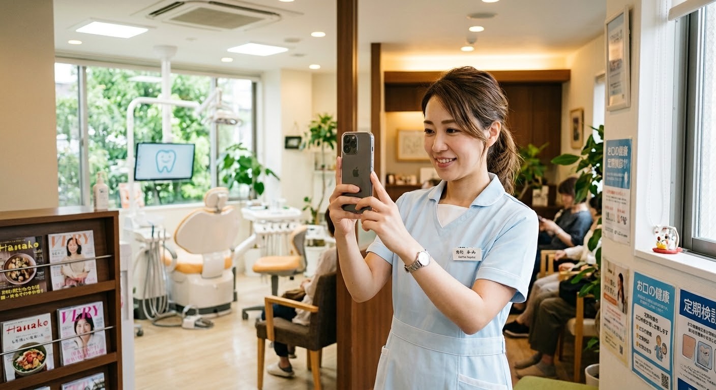 スマートフォンで歯科医院の院内写真を撮影しているスタッフ