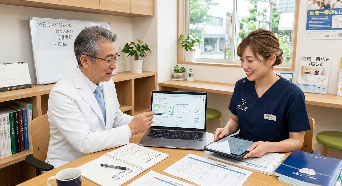 歯科医院スタッフがMEO運用の月次ミーティングを行っている様子