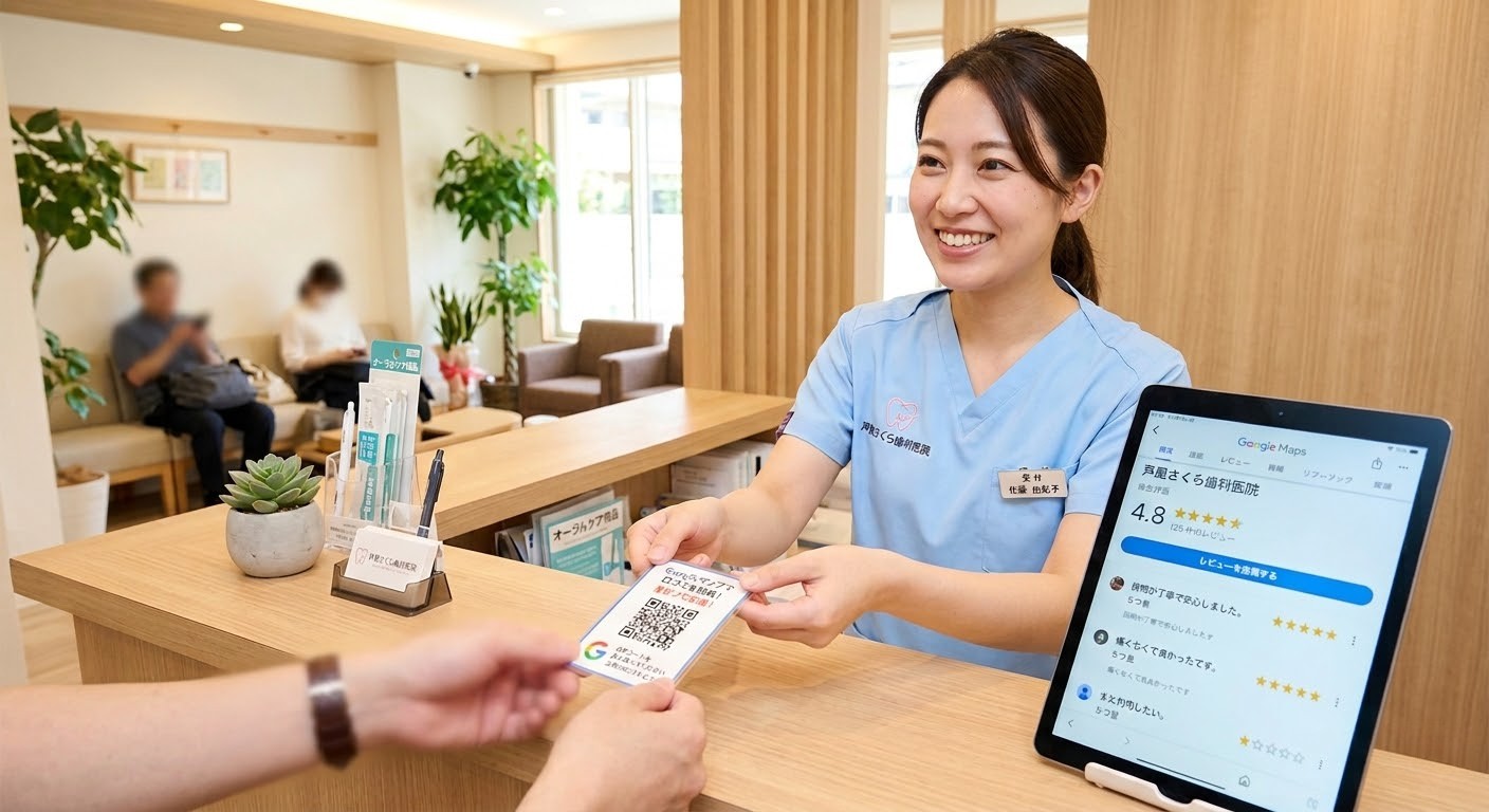 Googleマップの口コミ・星評価画面と歯科医院受付スタッフがQRコードカードを手渡しするイメージ