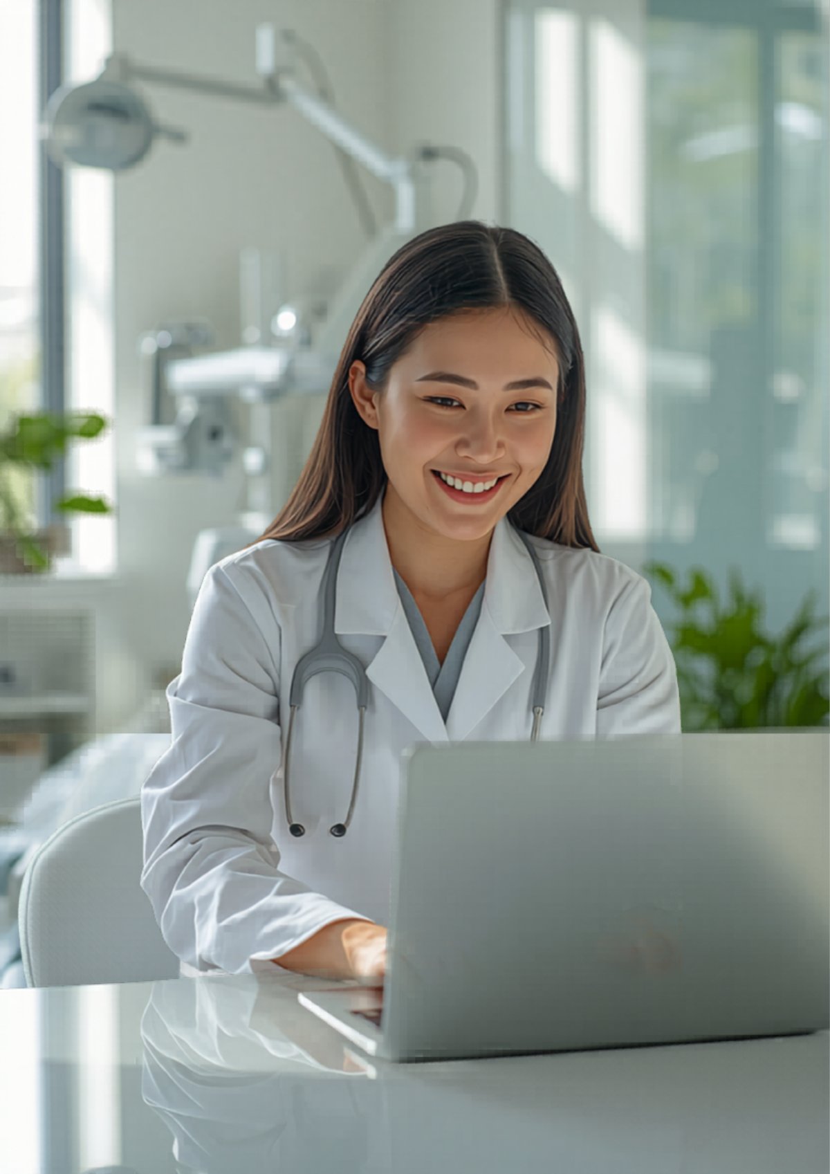 笑顔でInstagramの成果を確認する歯科医師とスタッフ