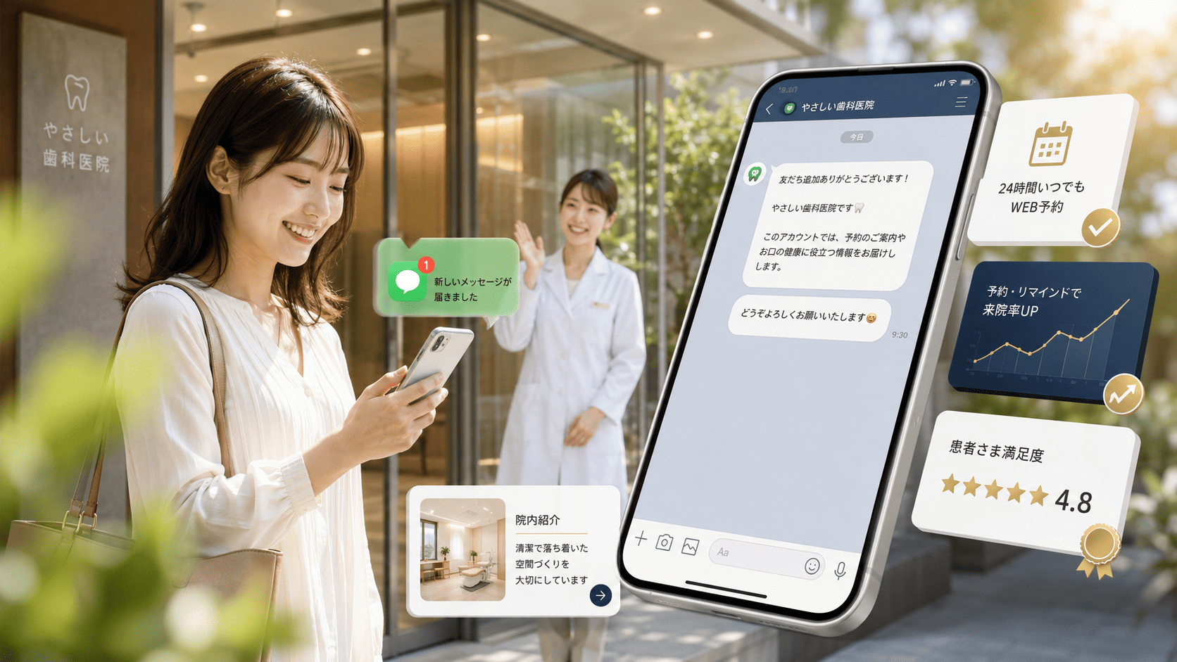 歯科医院のLINE公式アカウントから届いたメッセージをスマートフォンで確認する患者