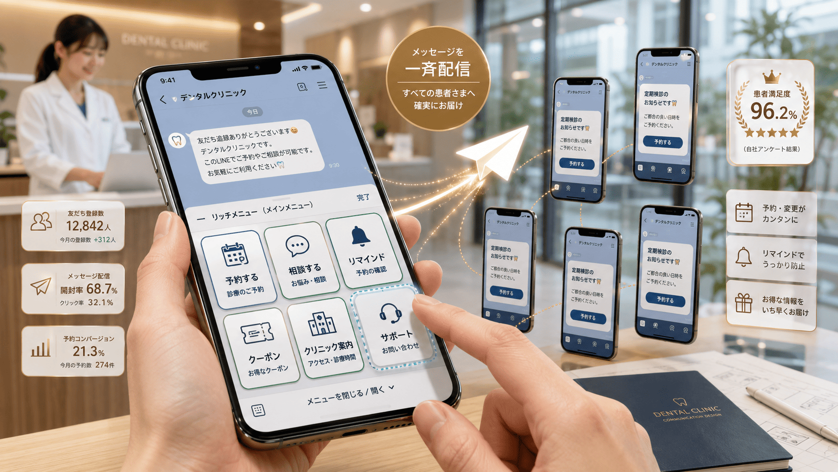 歯科医院のLINEリッチメニューと配信設計のデザインイメージ
