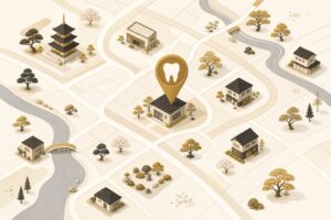 地図上の歯科医院と位置ピンのイラスト