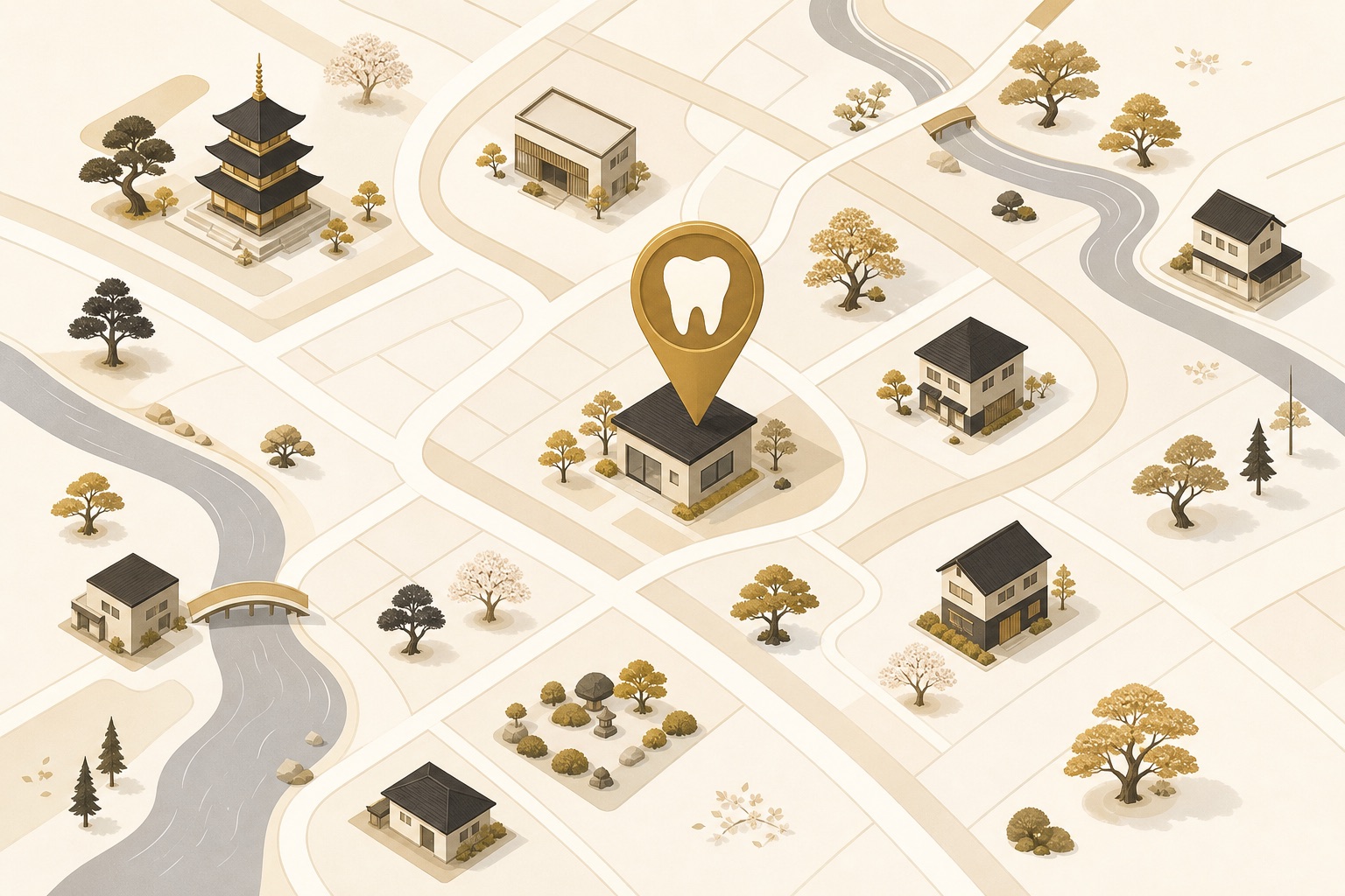 地図上の歯科医院と位置ピンのイラスト