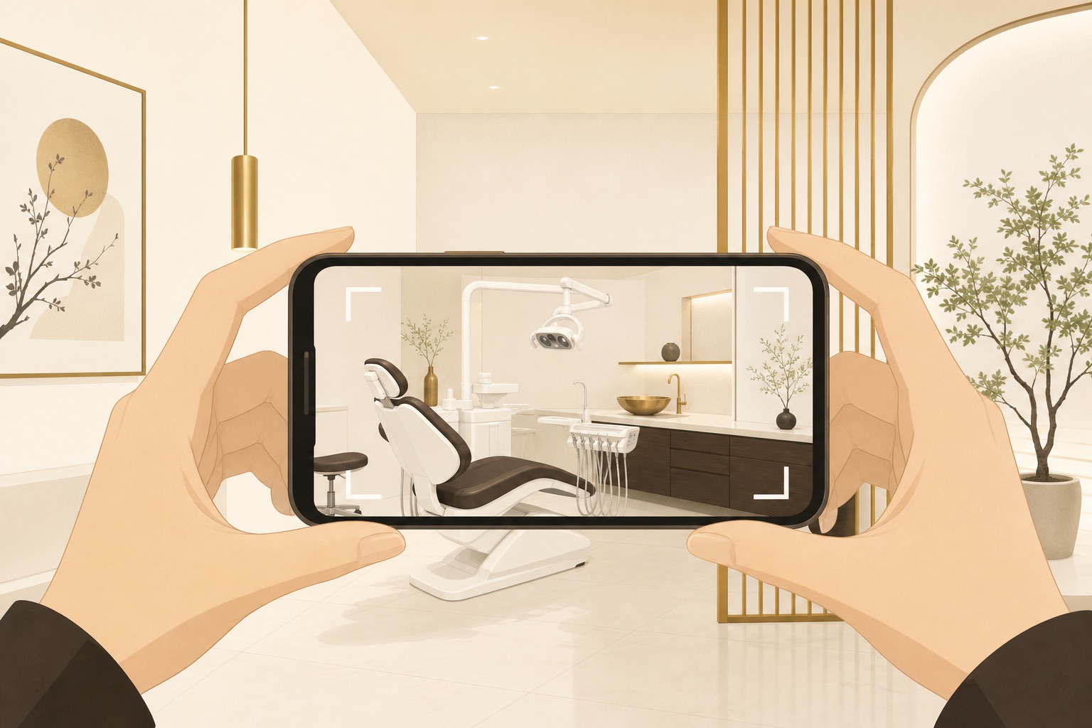 スマートフォンで院内写真を撮影するイラスト