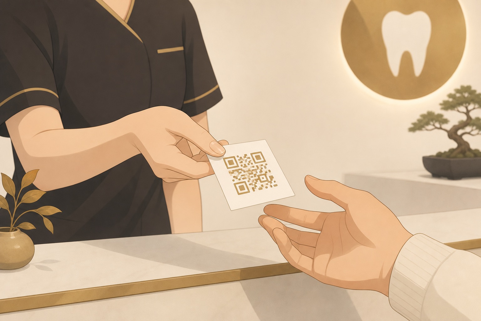 口コミ依頼のQRコードカードを手渡すイラスト