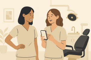 歯科医院のスタッフがスマートフォンでInstagramの採用投稿を確認している様子のイラスト