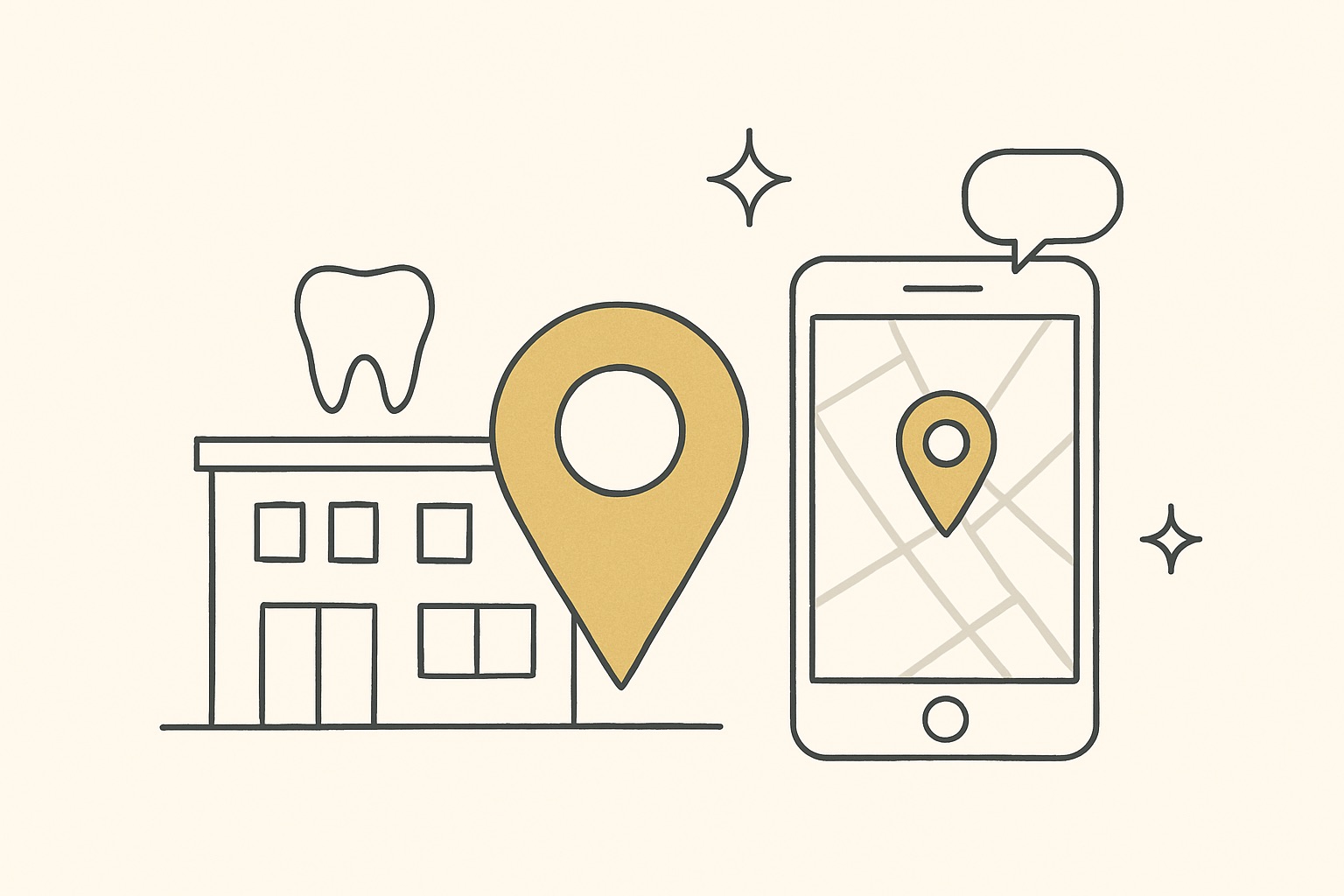歯科医院とGoogleマップのピンのイラスト（Googleビジネスプロフィール完全ガイド）