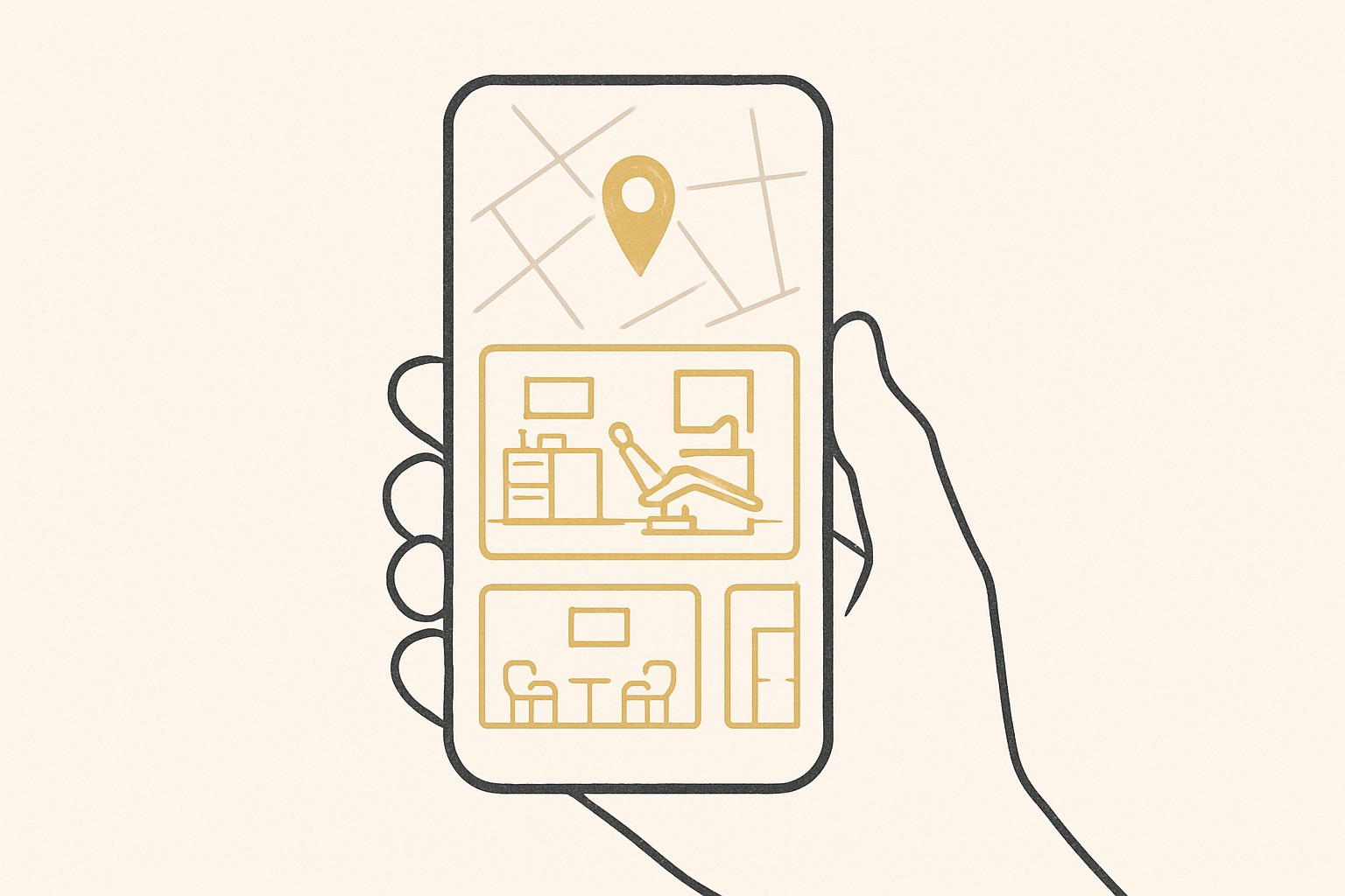 スマートフォンで歯科医院を検索し地図と写真を見ているイラスト