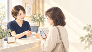 歯科医院の受付で、患者さんにLINEの案内カードを手渡す