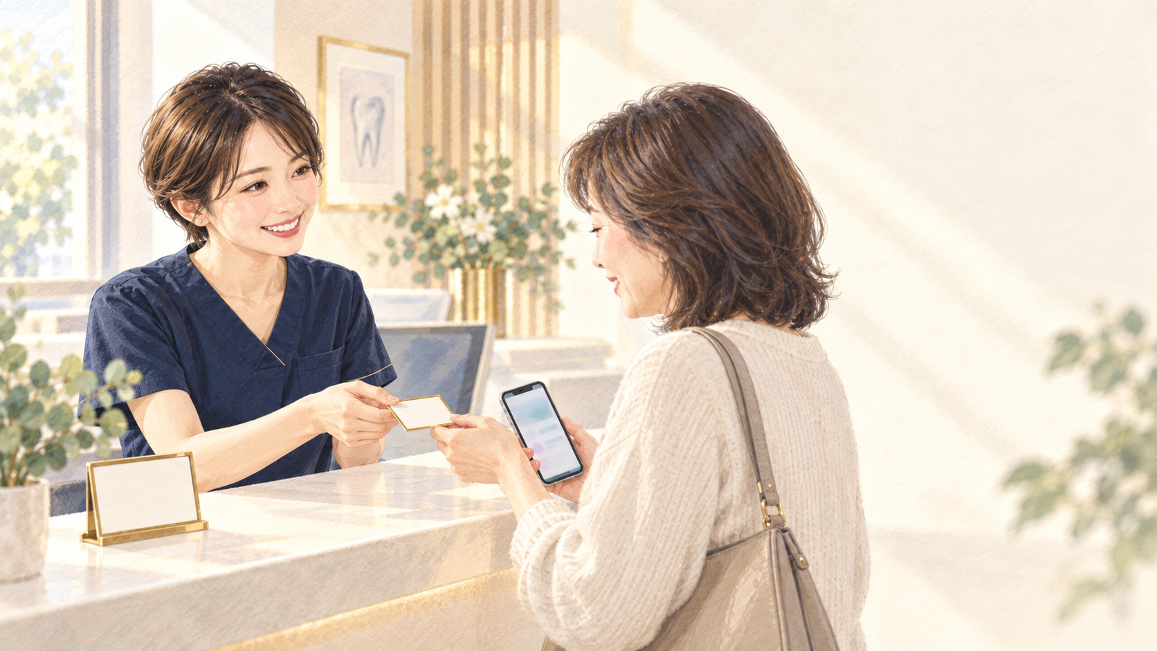 歯科医院の受付で、患者さんにLINEの案内カードを手渡す