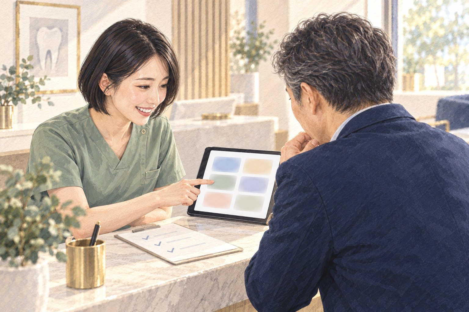 歯科医院の受付で、スタッフと外部の担当者がタブレットのメニュー画面を一緒に確認している
